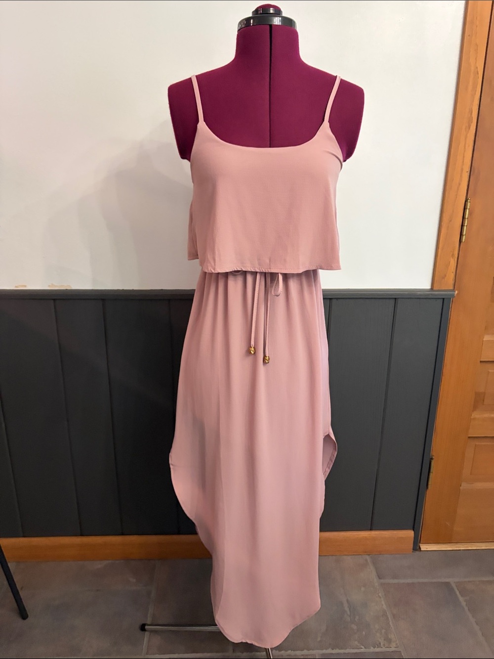 Dusty Rose Spaghetti Strap Maxi Dress with Drawstring Waist